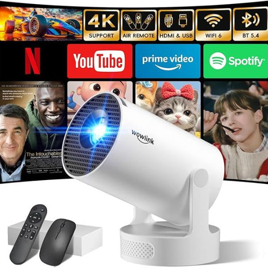 Proyector con WiFi-Bluetooth HD 4K 1080P 180° Rotable Compatibile con HDMI/TV Stick